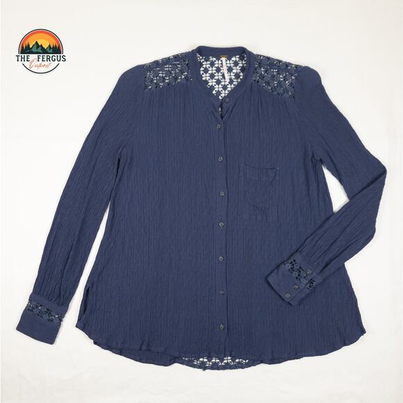 Free People Button Down Mesh Back Long Sleeve Blouse Navy Blue Women's Size XS - Picture 1 of 14